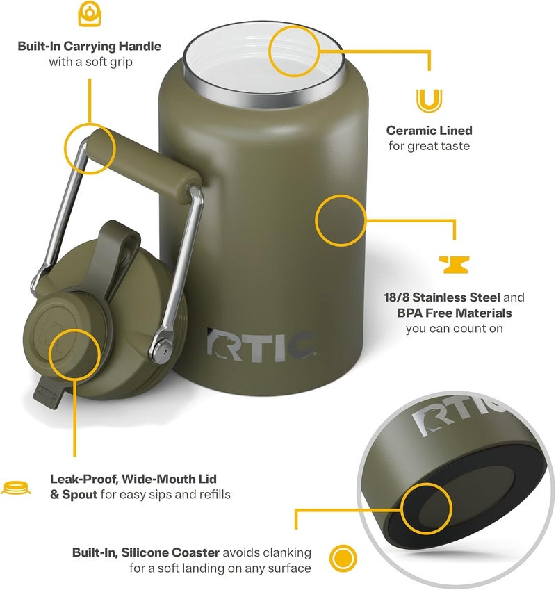 RTIC Half Gallon Outback Jug, Stainless Steel, Ceramic Lined Insulated Water Bottle with Lid and Handle, BPA-Free, Double Wall Vacuum Insulation, Olive - Image 3